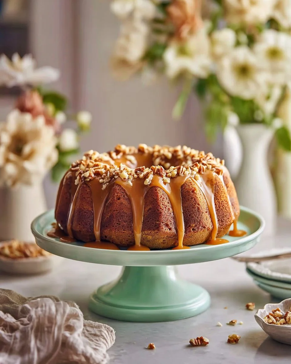 Freshly baked banana cake with a shiny glaze on top, served on a plate.