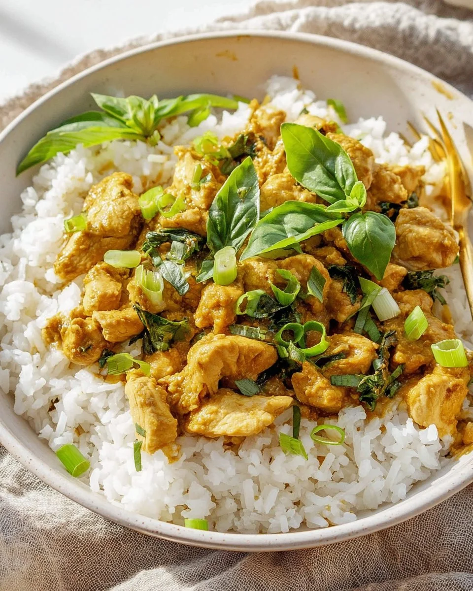 Plate of Basil Chicken with Coconut Curry Sauce garnished with fresh herbs
