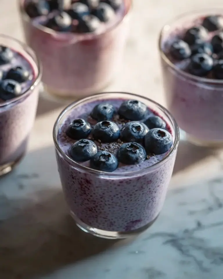 Delicious blueberry chia seed pudding topped with fresh blueberries.