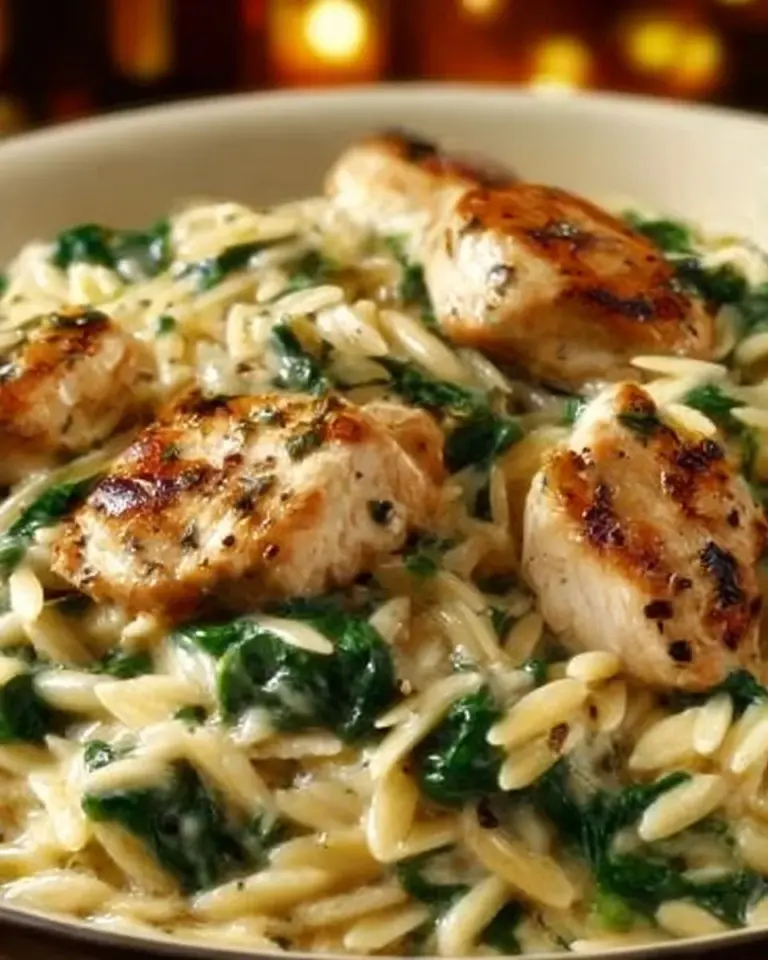 Creamy Boursin Orzo with chicken served in a bowl