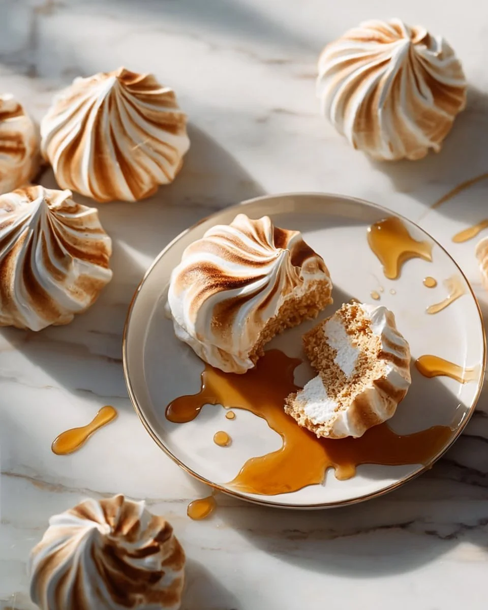 Brown sugar maple meringue cookies on a white plate, showcasing their delicate texture