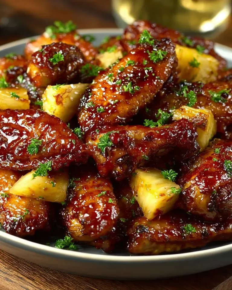 Brown Sugar Pineapple Wings served with a side of dipping sauce.