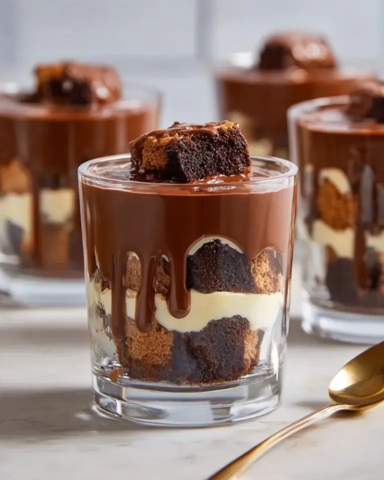 Decadent Brownie Trifle dessert layered with cream and chocolate.