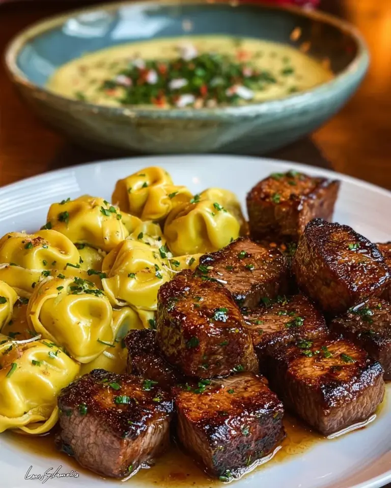 Butter steak bites with Parmesan tortellini and garlic sauce dish
