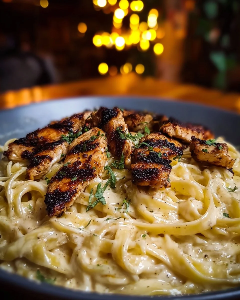 Delicious Cajun Chicken Fettuccine Alfredo served with herbs and spices
