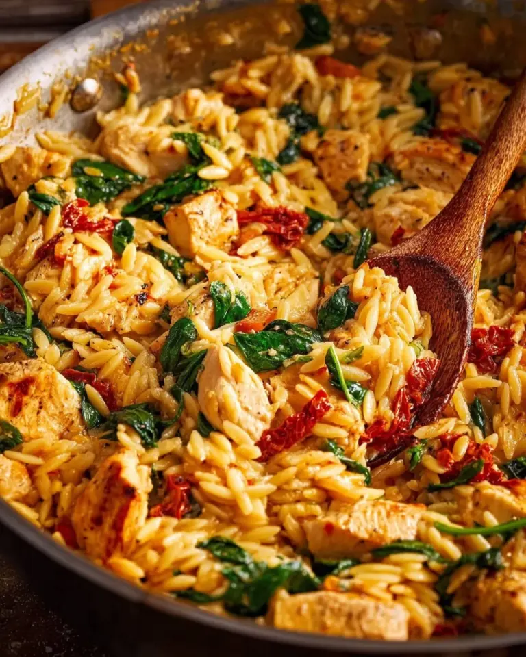 Delicious Cajun Chicken Orzo served in a bowl with herbs and spices.