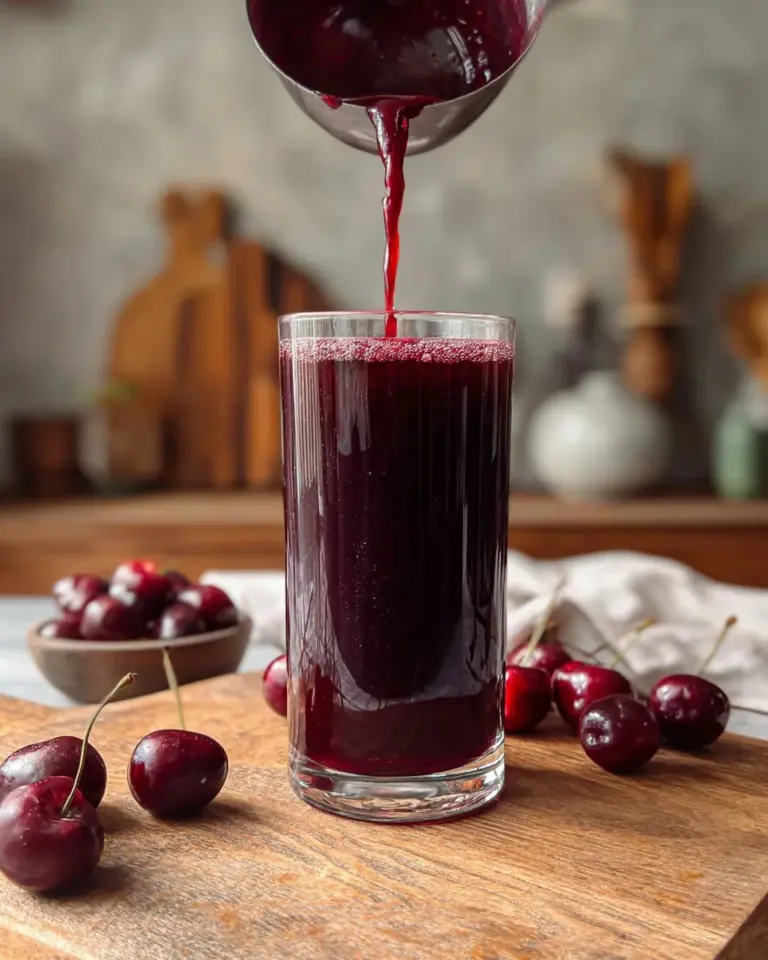 Refreshing glass of cherry juice with fresh cherries on a wooden table.