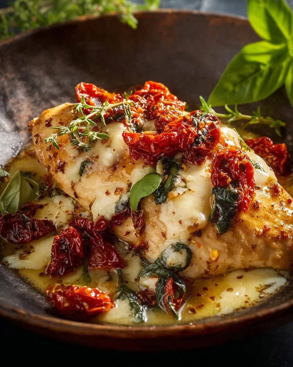 Plate of Chicken Bryan with sun-dried tomatoes and lemon butter sauce