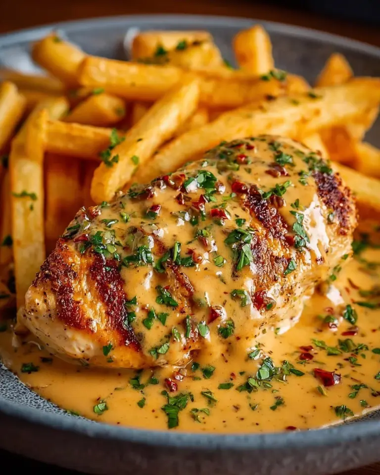 Chicken fillet in spicy creamy garlic parmesan sauce on a plate
