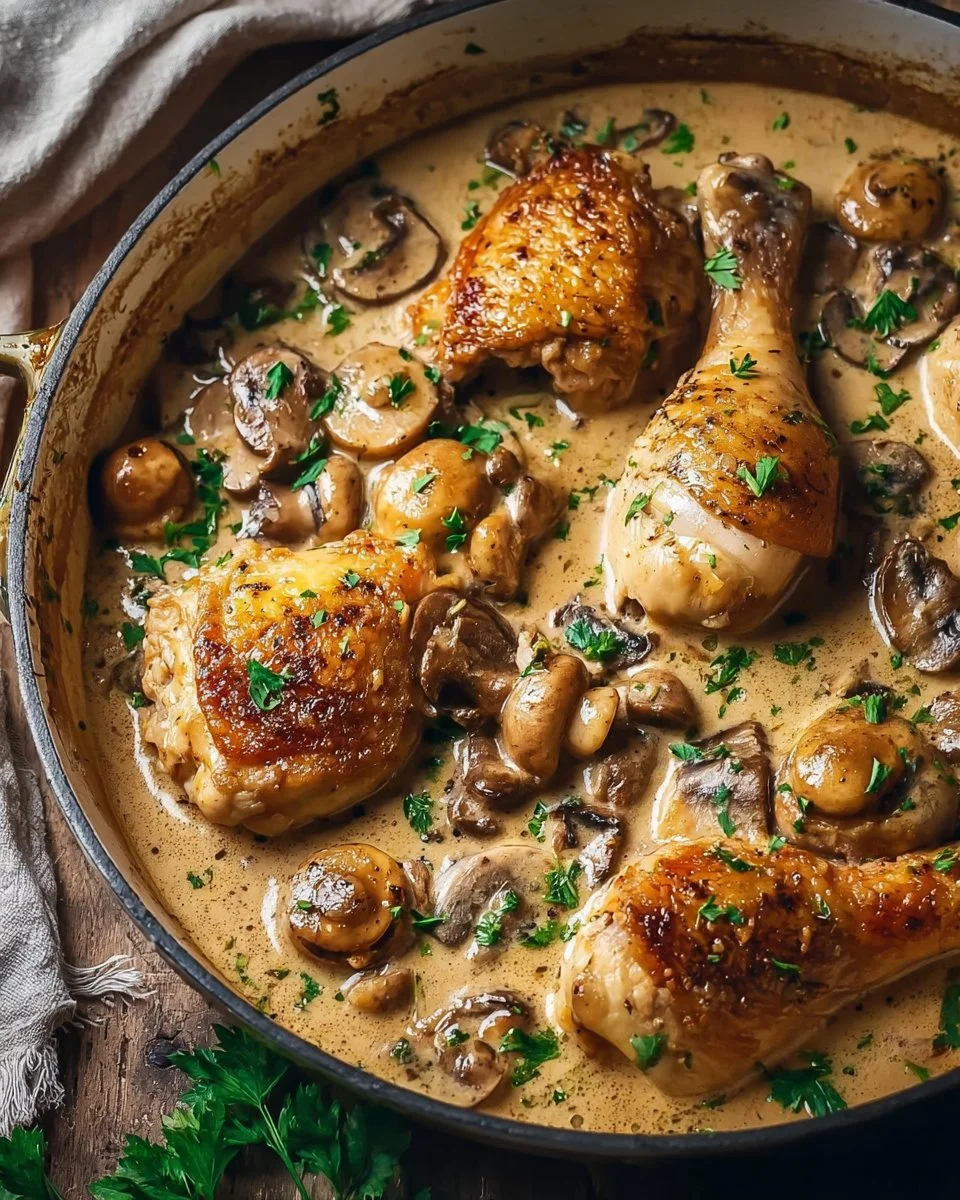 A delicious bowl of Chicken Fricassée, a quick French chicken stew with vegetables.