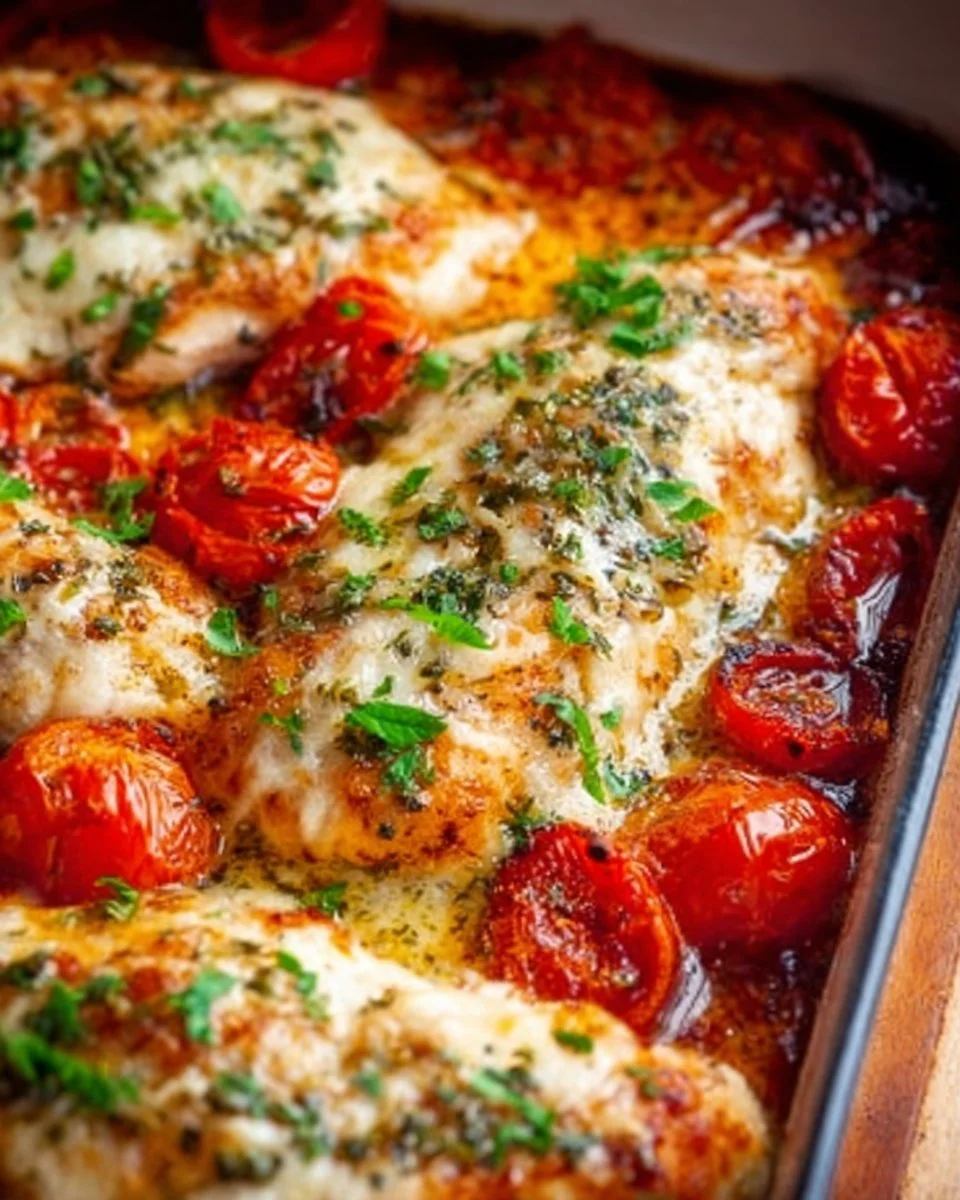 Baked Chicken Mozzarella with melted cheese and herbs