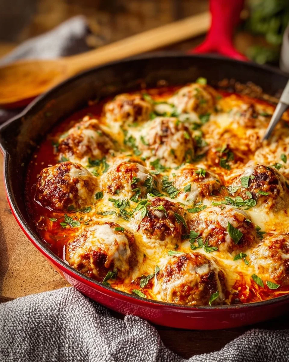 Delicious Chicken Parmesan Meatballs served with marinara sauce and cheese