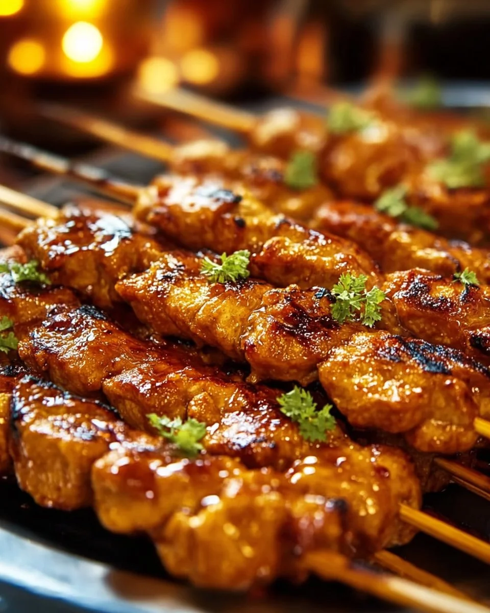 Delicious Chicken Satay with Thai Peanut Sauce served on a plate
