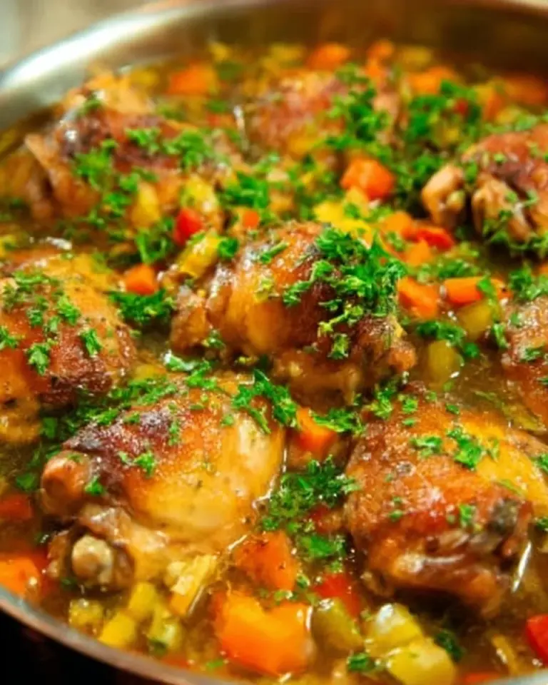 Chicken Thigh Osso Bucco served with vegetables and sauce.
