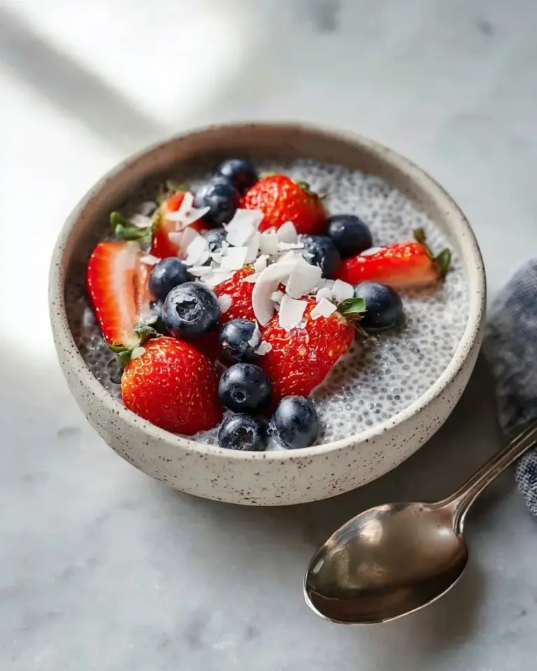 Bowl of classic chia seed pudding topped with fresh fruits