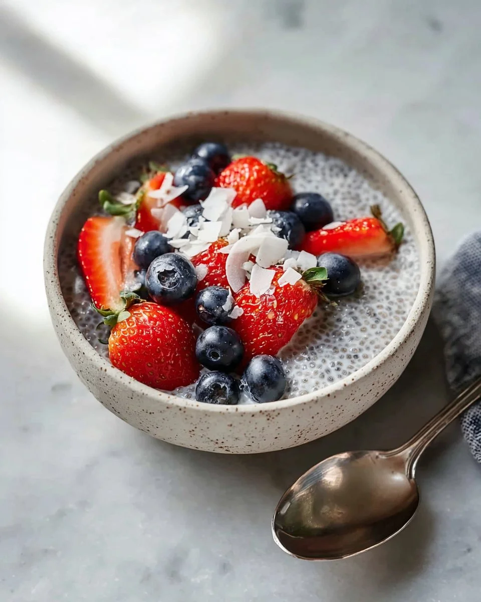 Bowl of classic chia seed pudding topped with fresh fruits