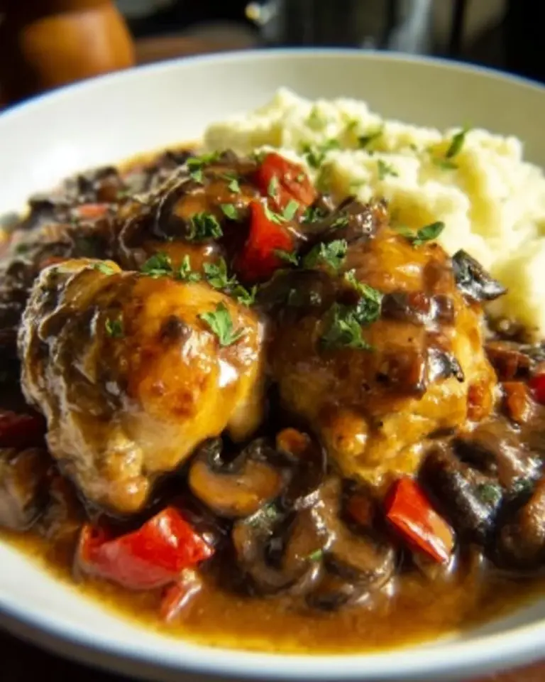 Delicious Chicken Chasseur served with a rich sauce and herbs