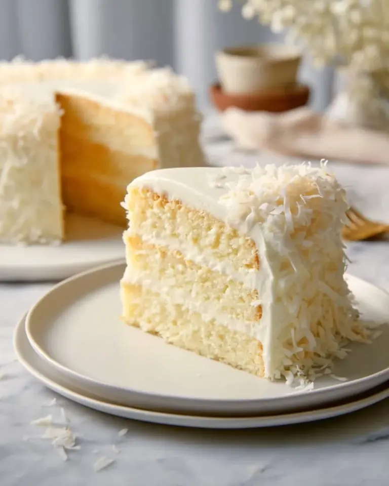 Decadent Coconut Layer Cake with frosting and coconut flakes
