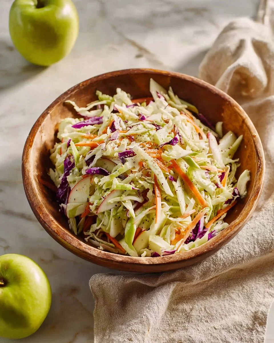 Coleslaw with apple pieces and creamy yogurt dressing in a serving bowl
