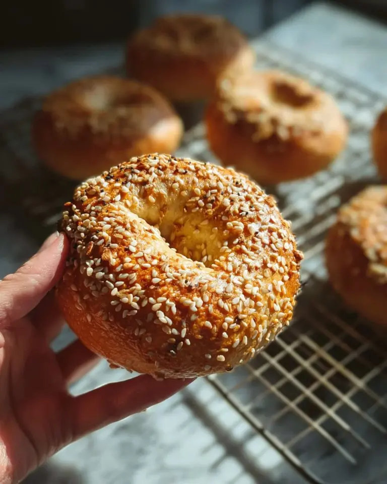 Freshly baked cottage cheese bagels served on a wooden board