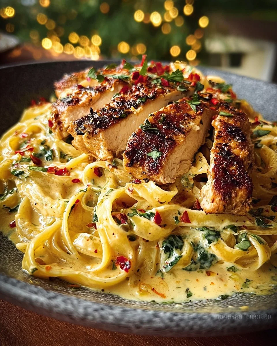 Creamy Cajun Chicken Fettuccine topped with garlic mozzarella cheese sauce