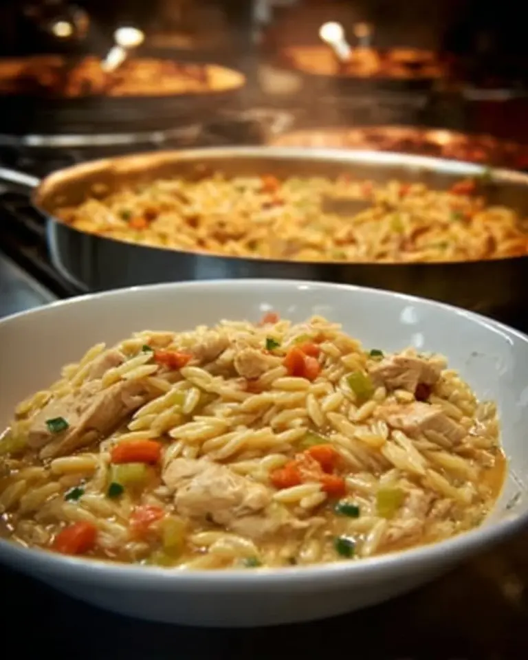 Creamy chicken pot pie orzo recipe with savory ingredients and flaky crust.