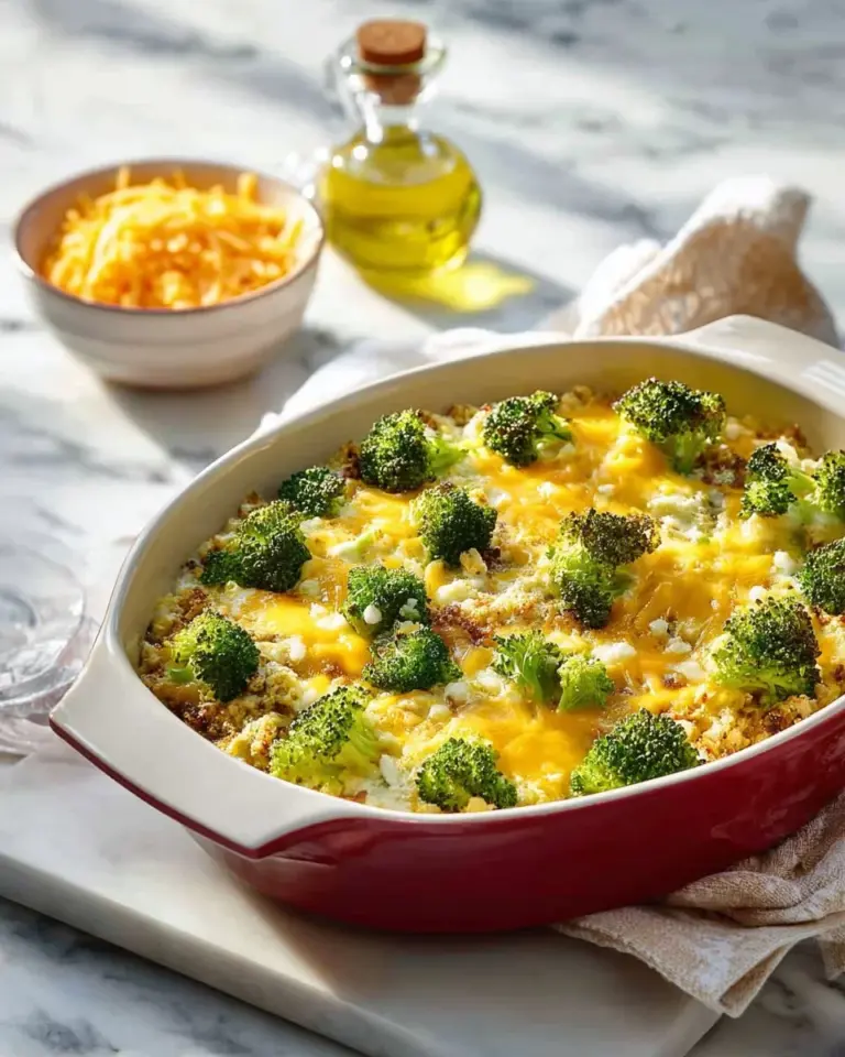 Creamy ground turkey rice casserole baked in a dish, garnished with herbs.