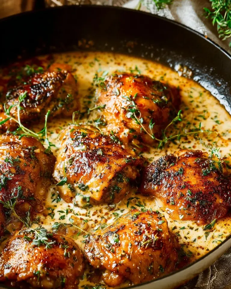 Creamy oven baked chicken thighs garnished with herbs in a baking dish