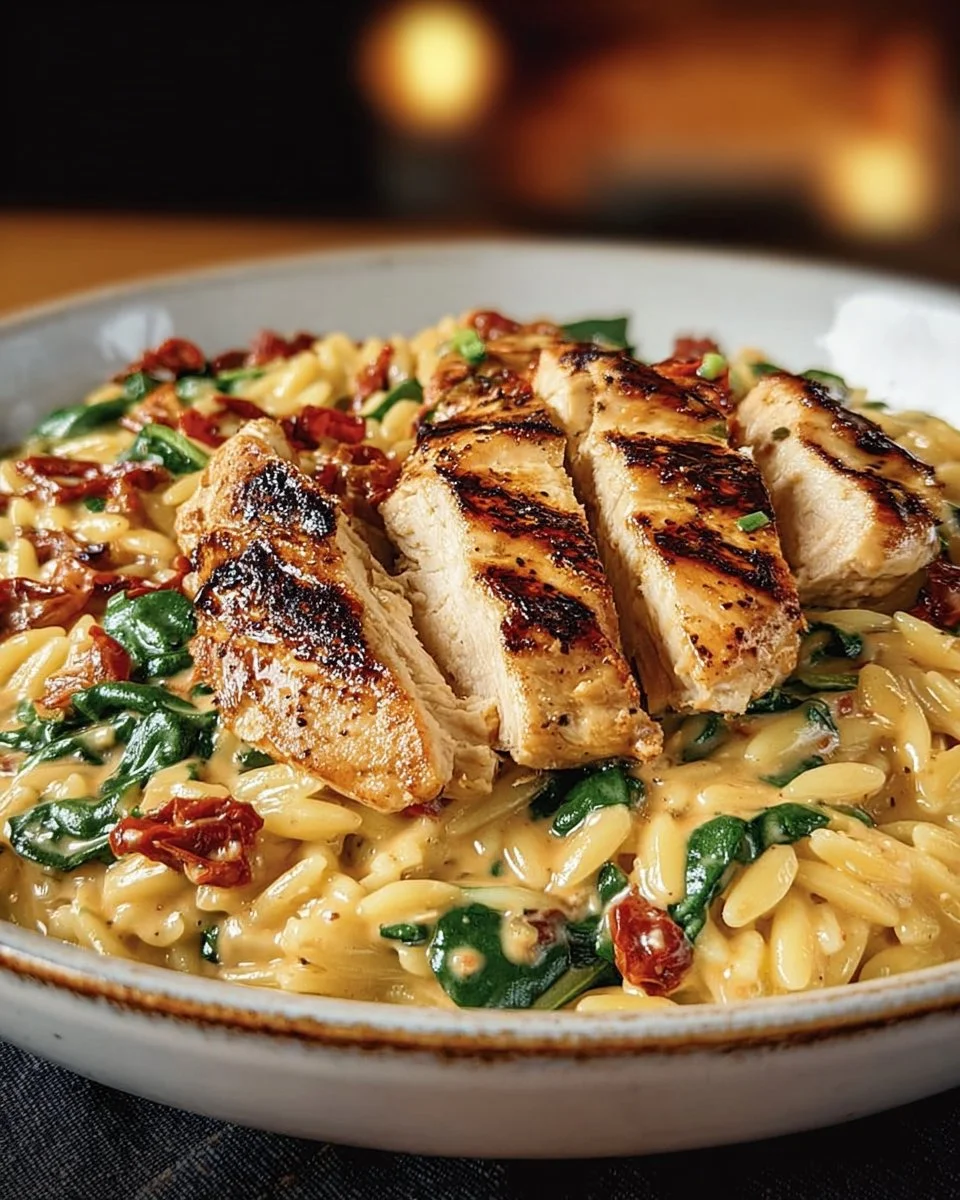 Delicious creamy Tuscan chicken orzo served in a bowl with fresh herbs.
