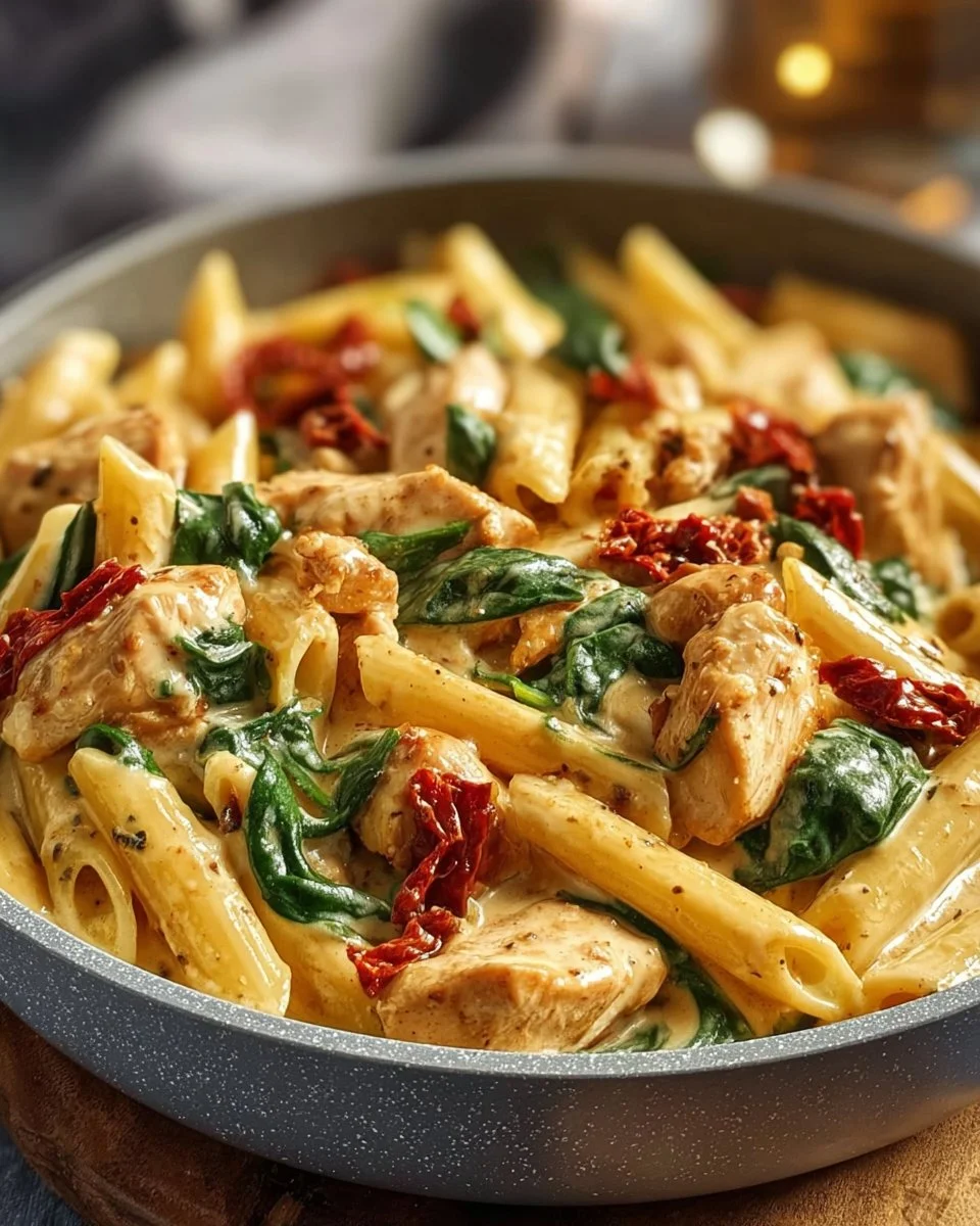 Delicious creamy Tuscan chicken pasta dish with herbs and vegetables