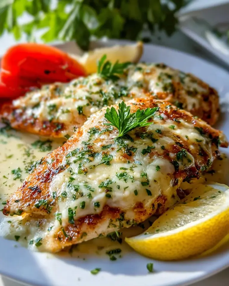 Delicious Crusted Chicken Romano with herbs and melted cheese on a plate
