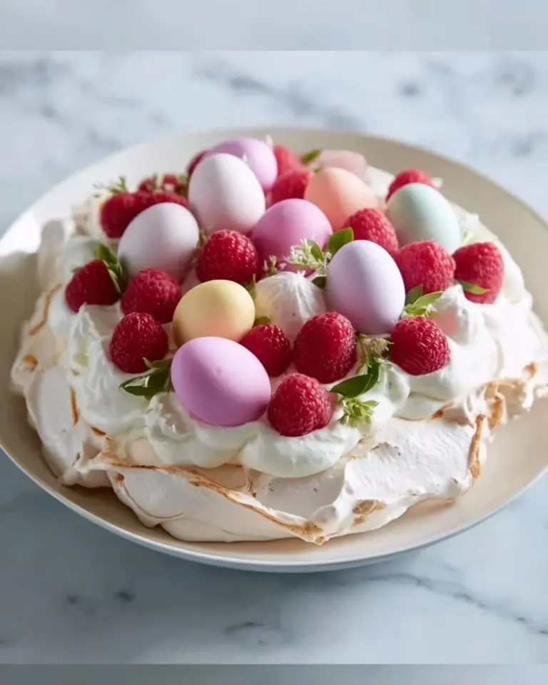 Easter Pavlova with fresh fruits and whipped cream on a vibrant table setting