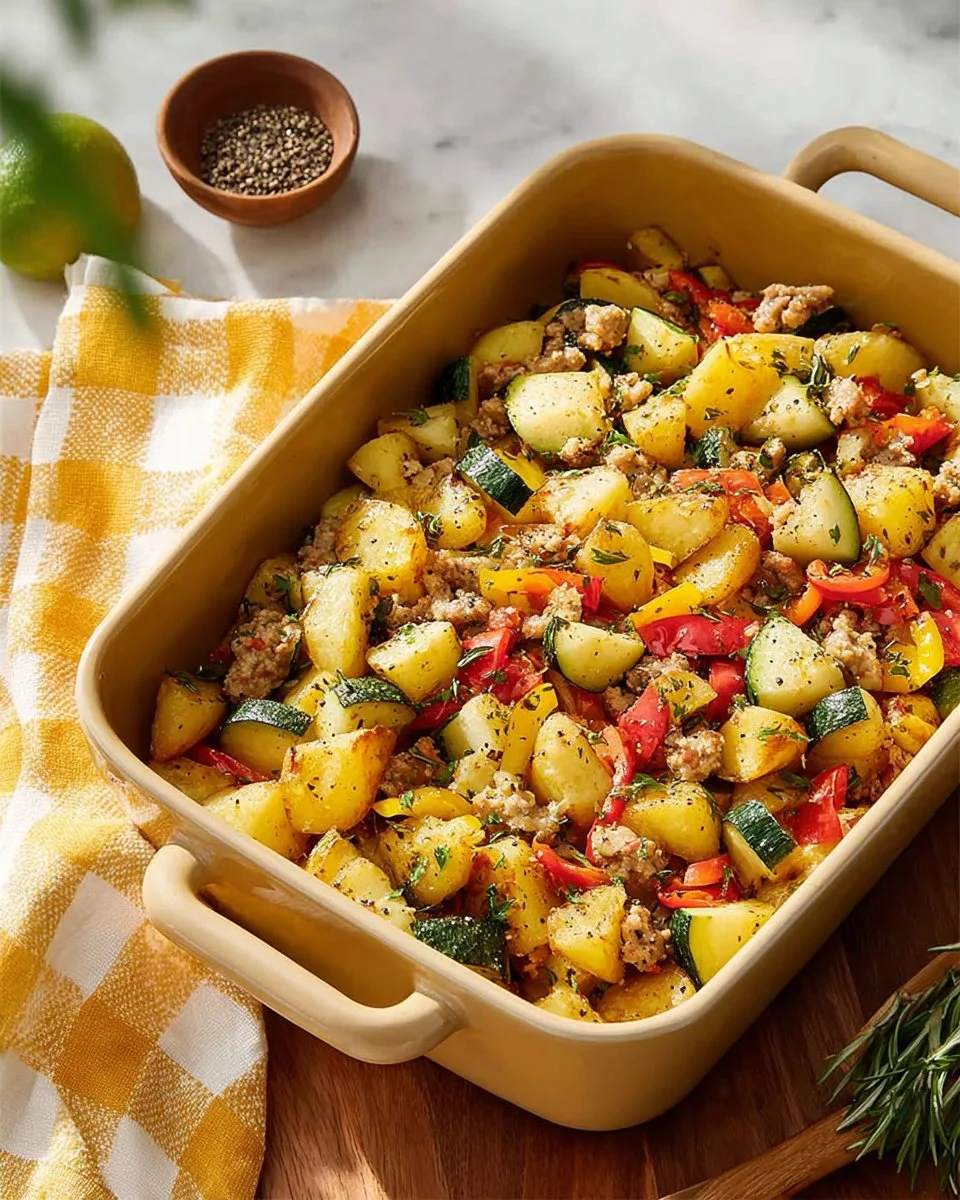 Delicious easy ground turkey hash served with vegetables in a skillet.