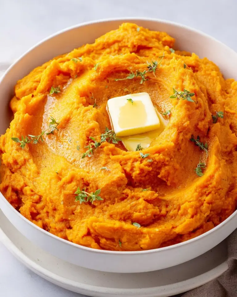 Bowl of creamy mashed sweet potatoes with a sprinkle of cinnamon