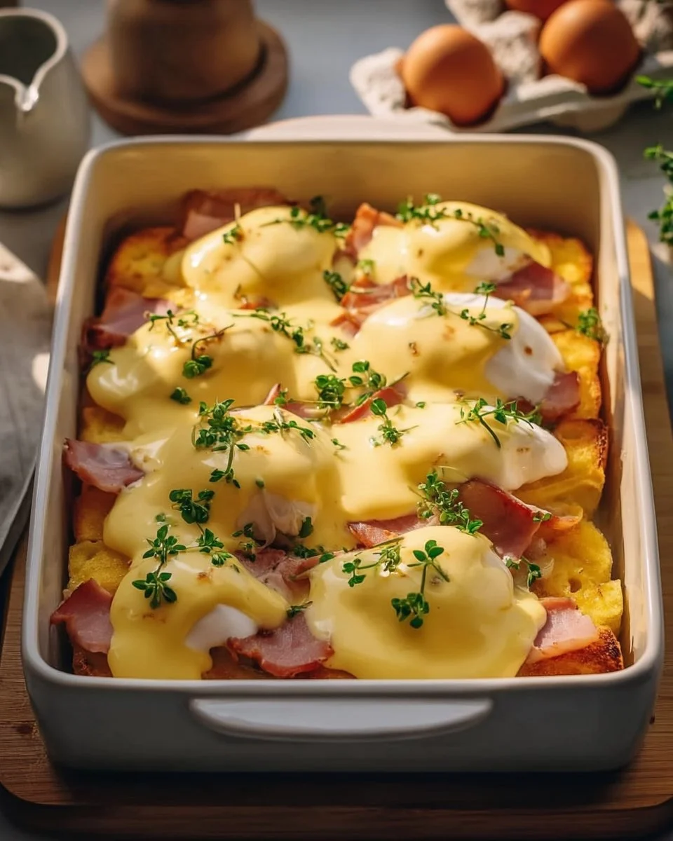 Delicious Eggs Benedict Casserole topped with hollandaise sauce and herbs