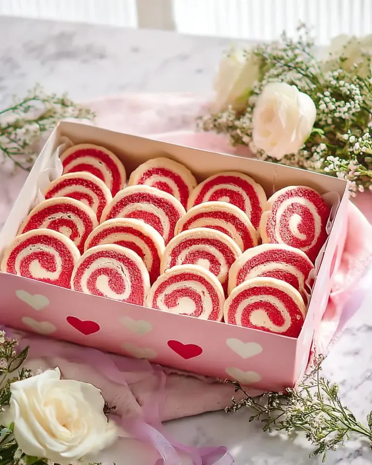 Festive Valentine's Day Pinwheel Cookies with pink and red swirls