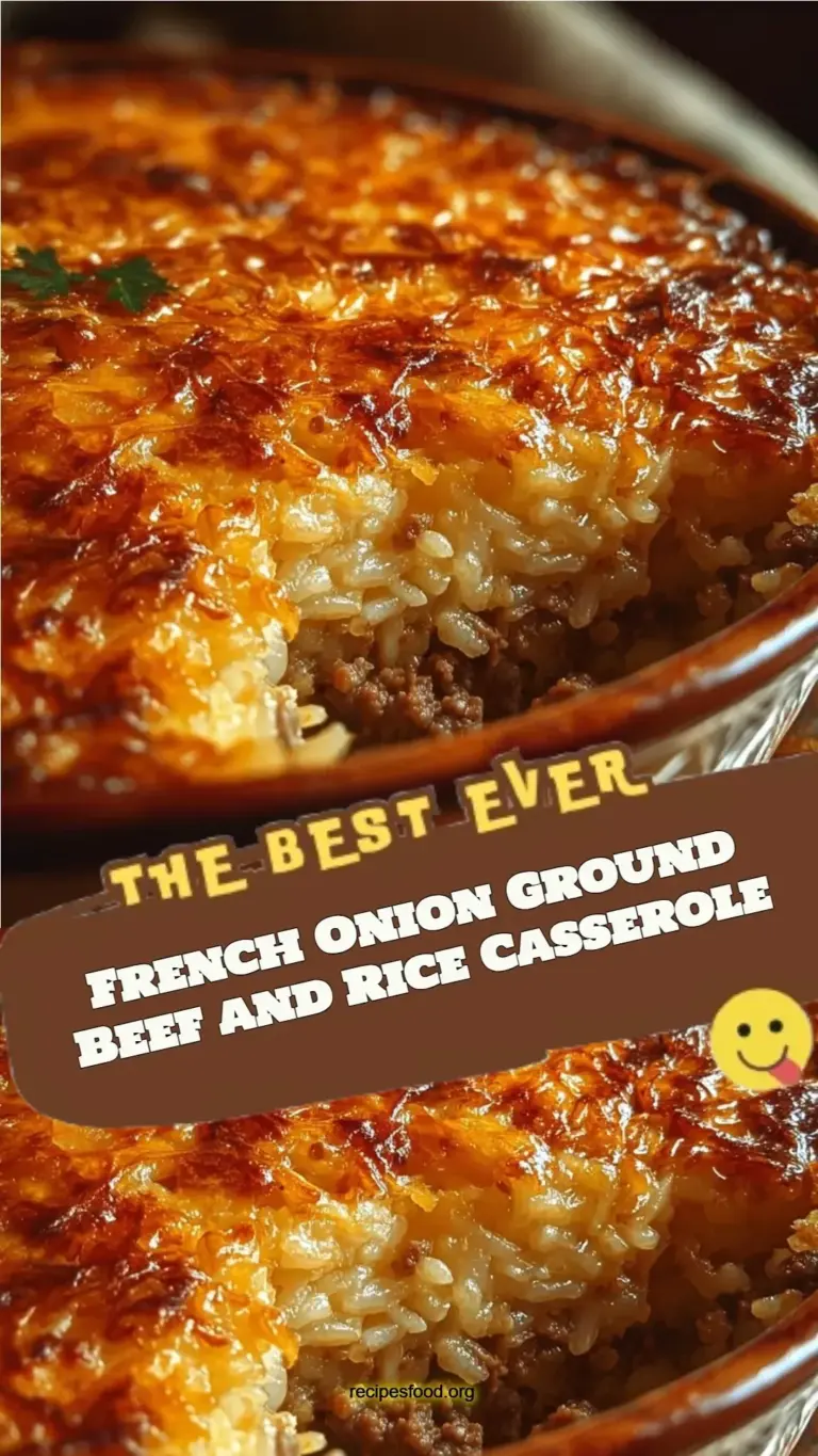 Savory French Onion Ground Beef and Rice Casserole baked to perfection