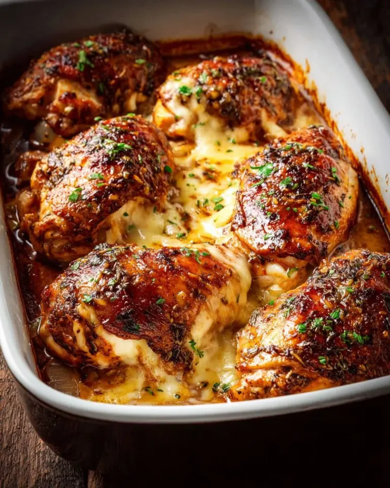 French onion stuffed chicken garnished with melted cheese and herbs.
