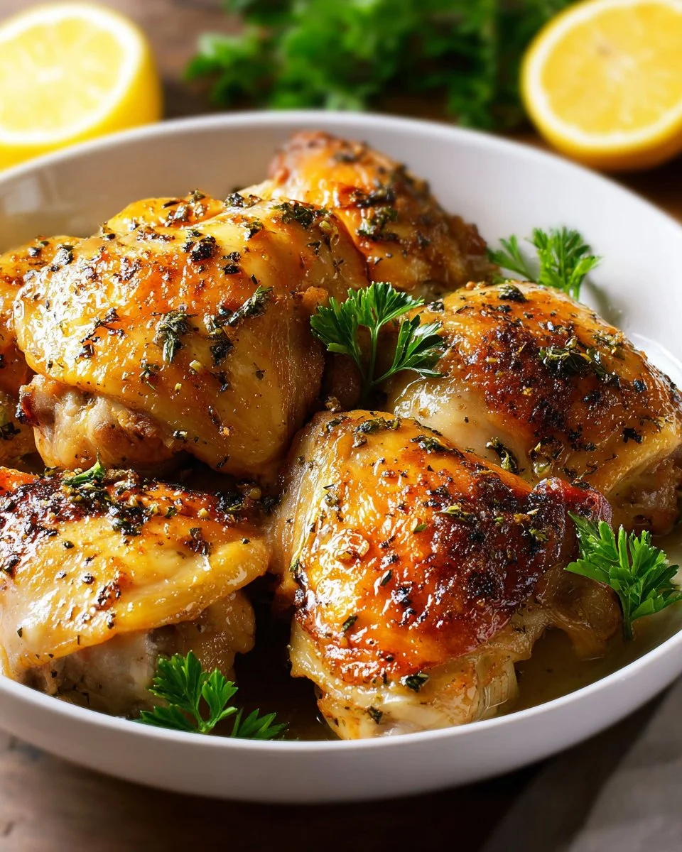Delicious Garlic Lemon Chicken Thighs cooked and served on a plate