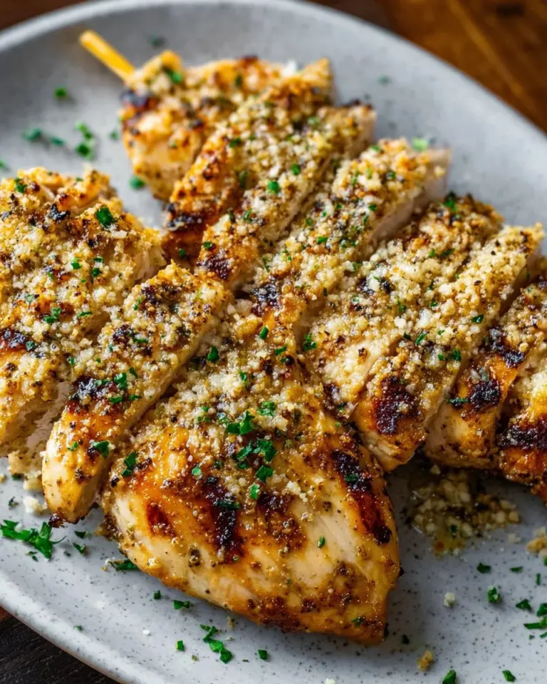 Delicious garlic parmesan grilled chicken on a platter garnished with herbs.