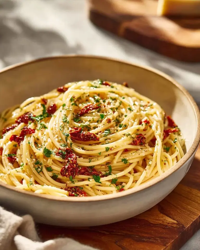 Garlic Parmesan Spaghetti topped with Sun-Dried Tomatoes and herbs
