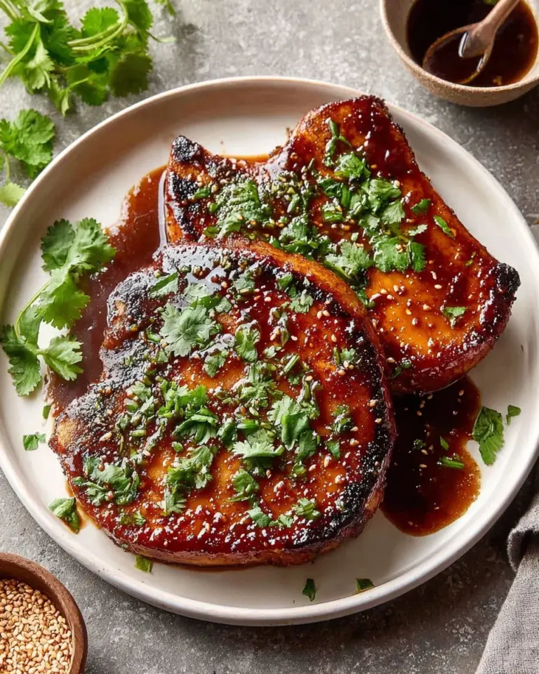 Delicious glazed Korean style pork chops on a serving plate.