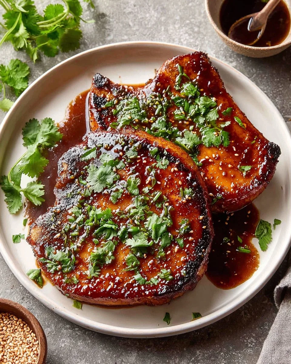Delicious glazed Korean style pork chops on a serving plate.