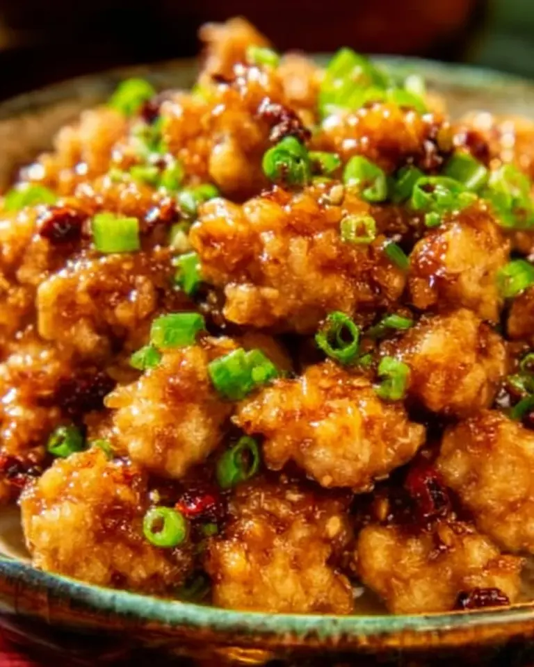 Plate of ground orange chicken served with rice and vegetables