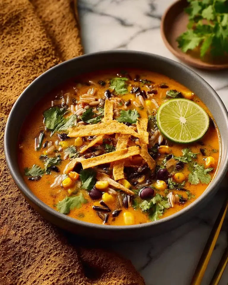 Bowl of ground turkey and wild rice soup topped with fresh herbs