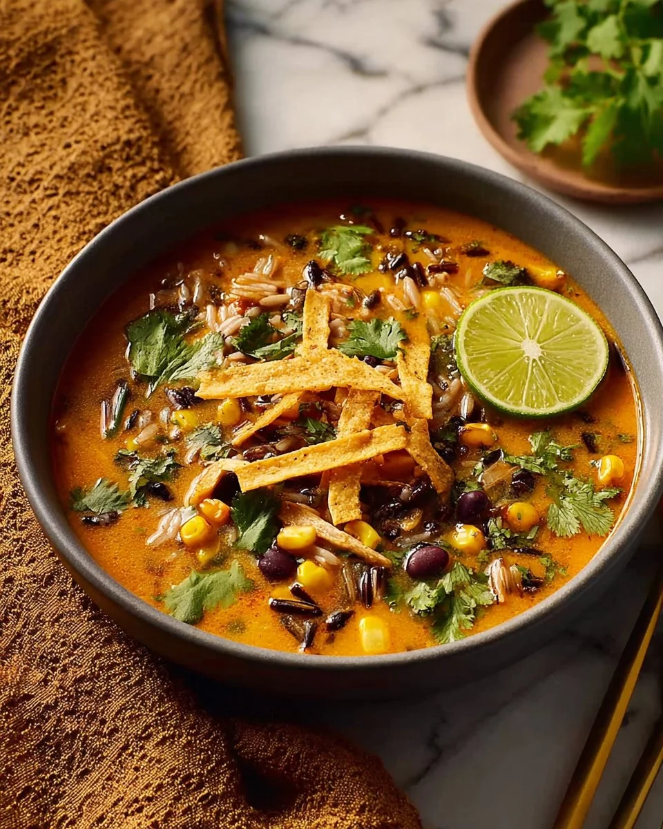 Bowl of ground turkey and wild rice soup topped with fresh herbs