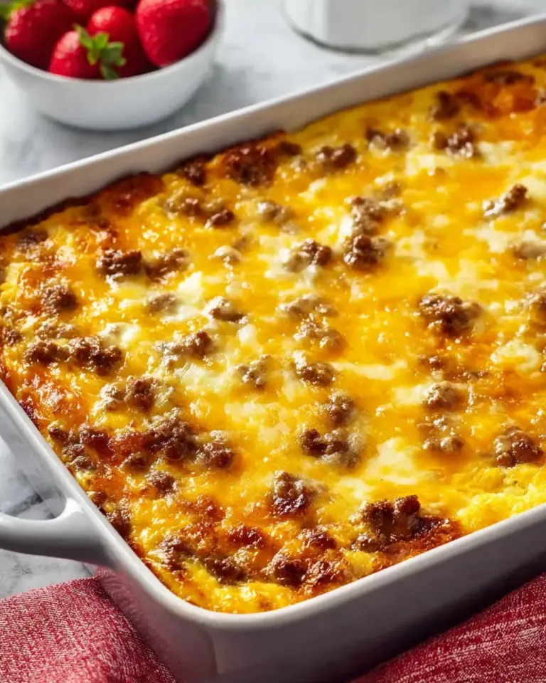 Ground Turkey Hashbrown Casserole topped with cheese and herbs, served in a dish.