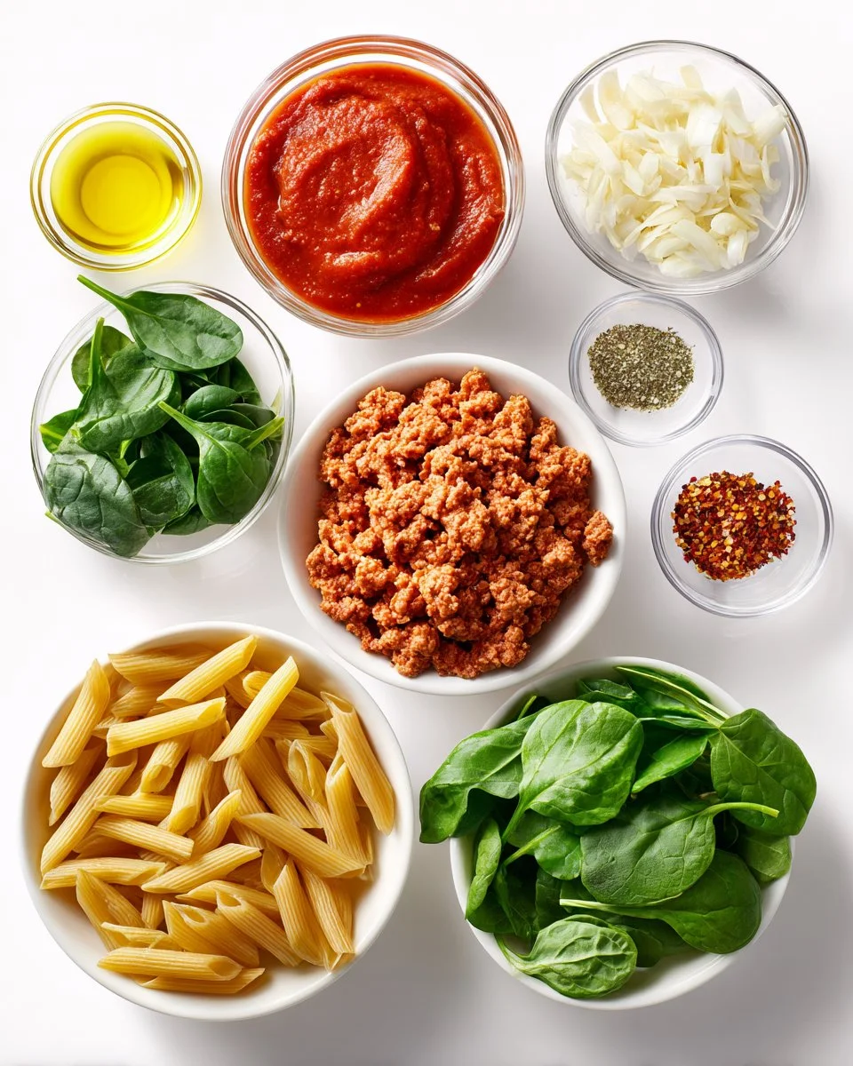 Ground Turkey Penne with Spinach and Tomato Sauce