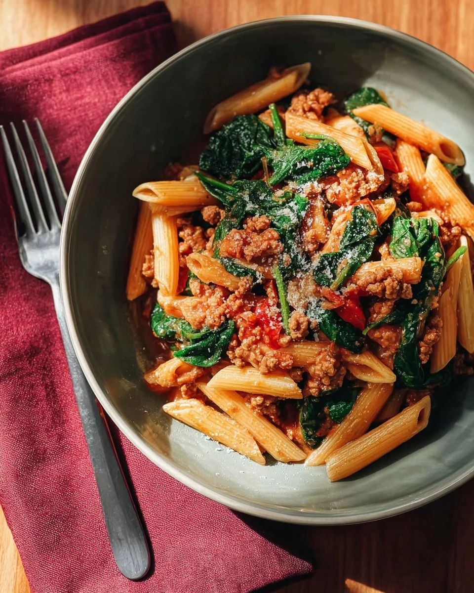 Ground Turkey Penne with Spinach and Tomato Sauce