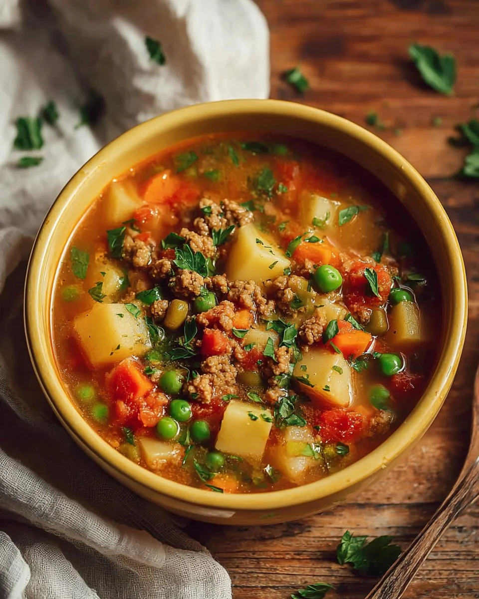 Bowl of hearty ground turkey soup with vegetables and herbs